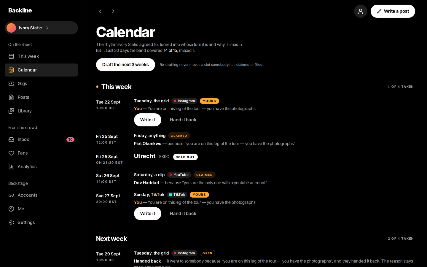Backline: The calendar, on a desktop
