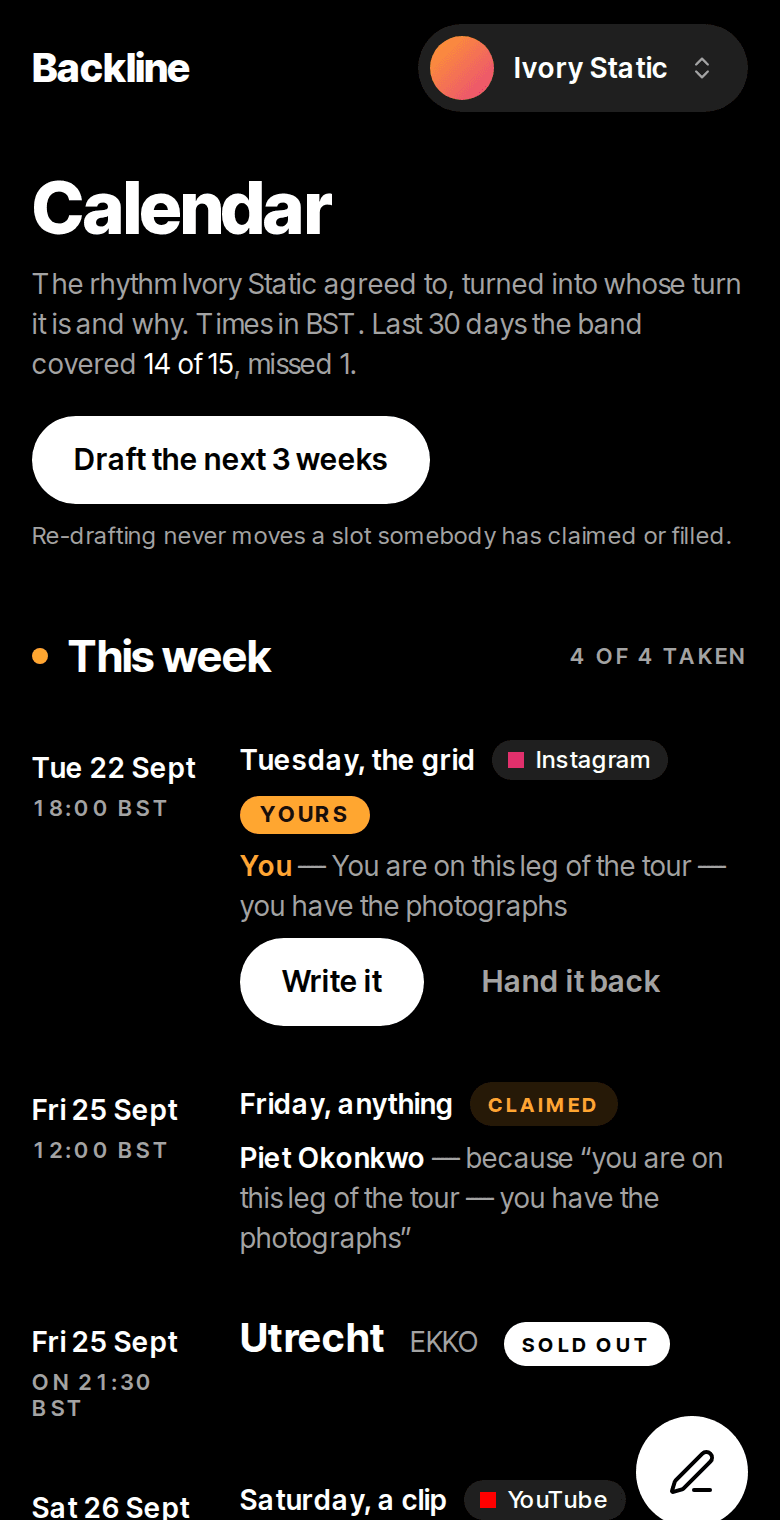 Backline: The calendar, on a phone