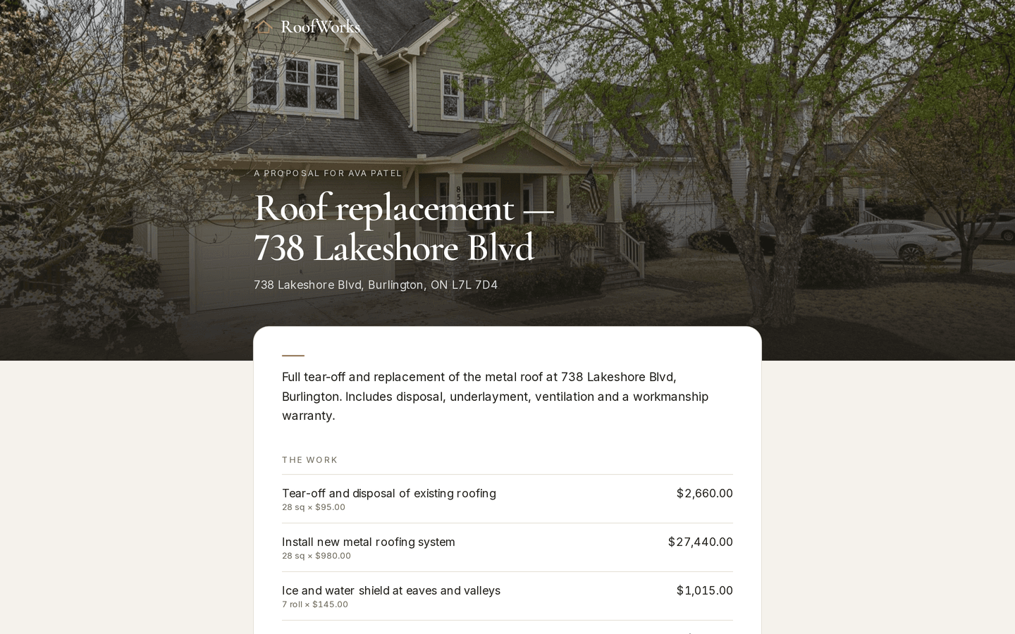 Roofer: The proposal the homeowner opens, on a desktop