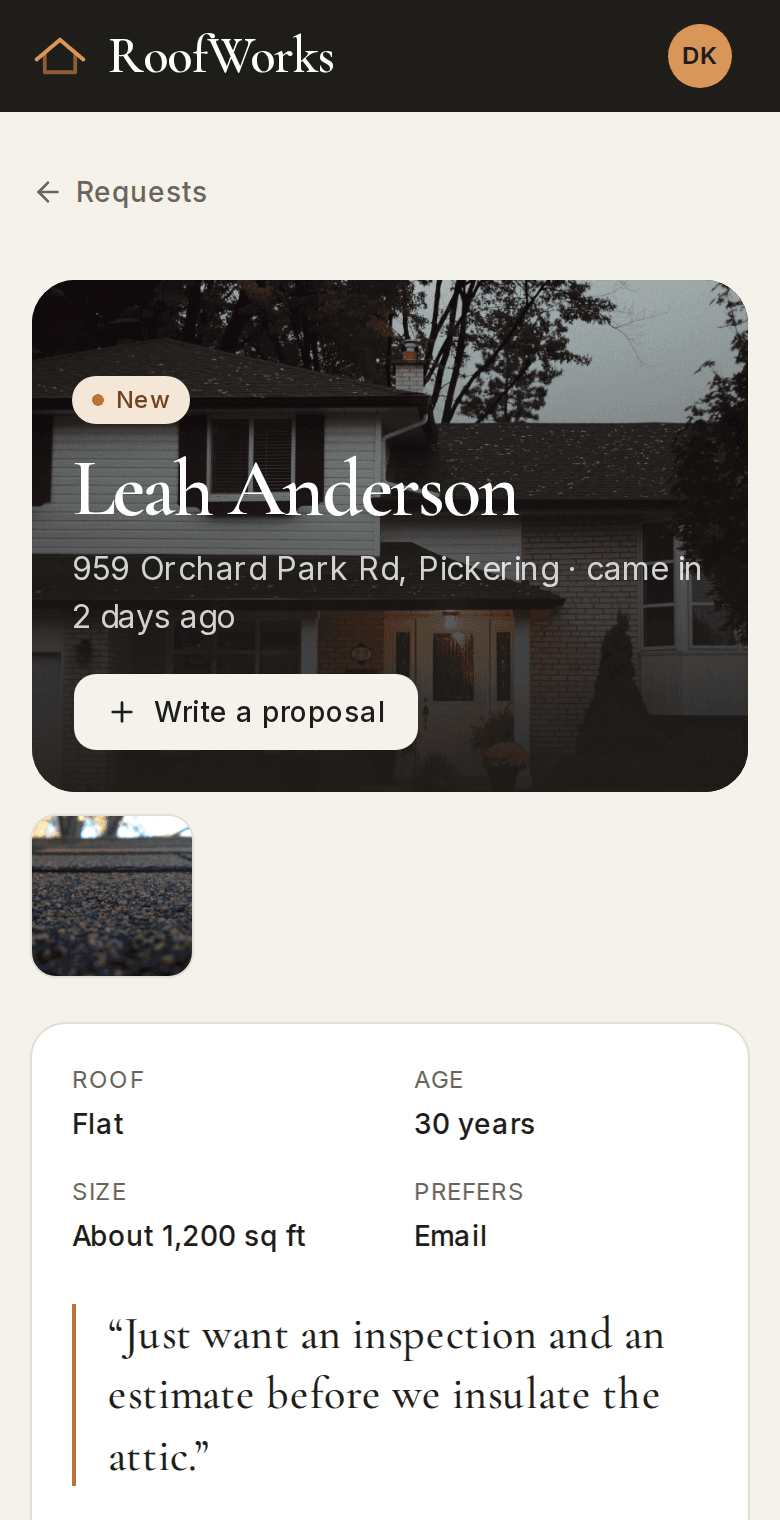 Roofer: One request, on a phone