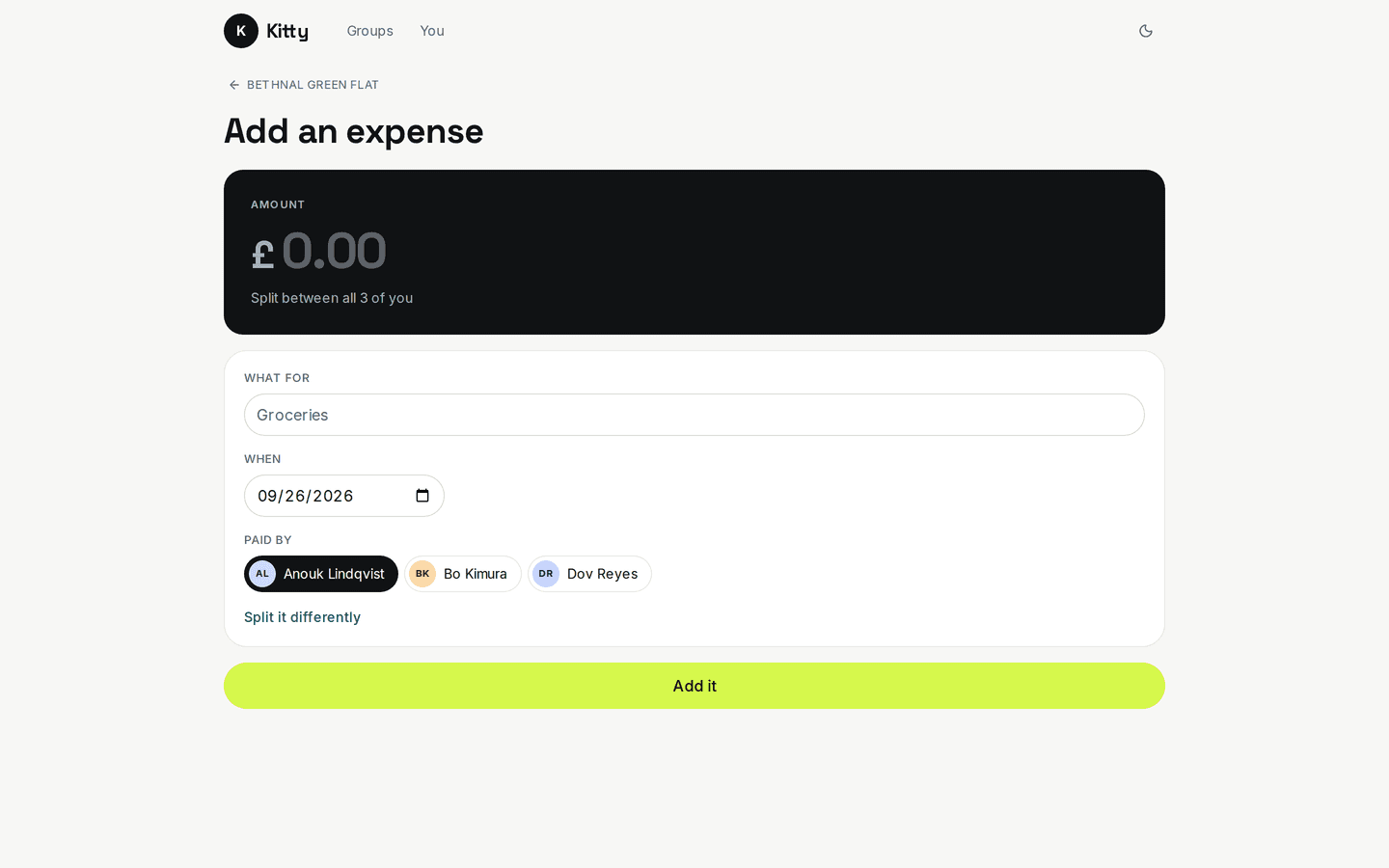 Split: Adding an expense, on a desktop