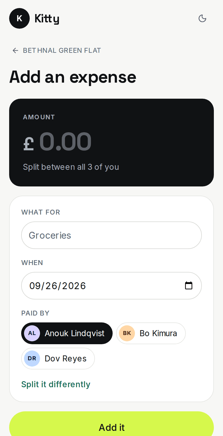 Split: Adding an expense, on a phone