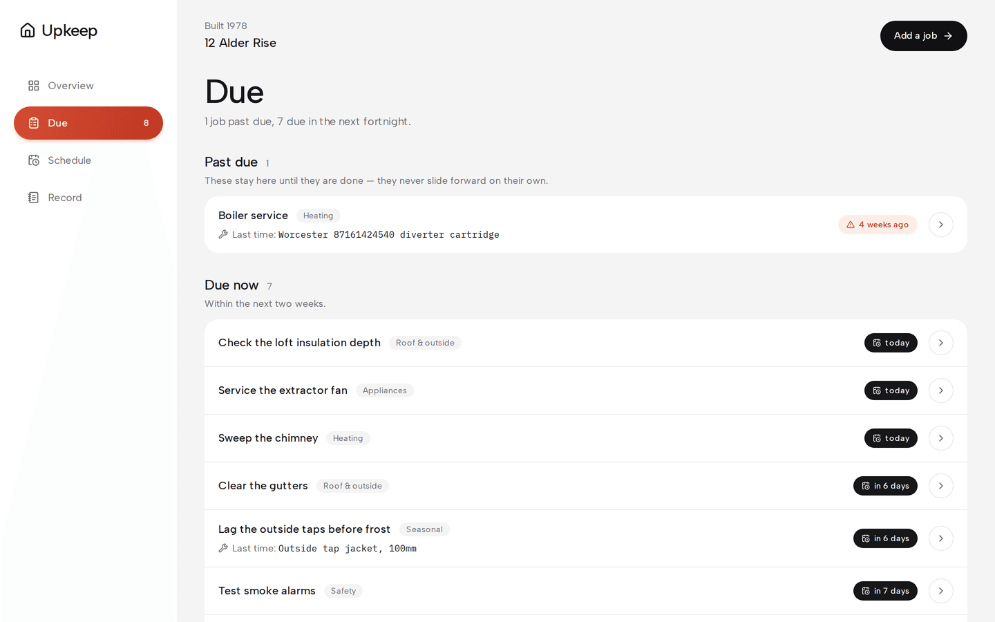 Upkeep: What's due, on a desktop